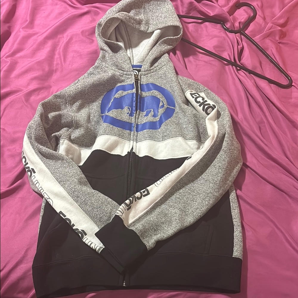 Ecko Unlimited Gray and Black Hoodie with Blue Accents